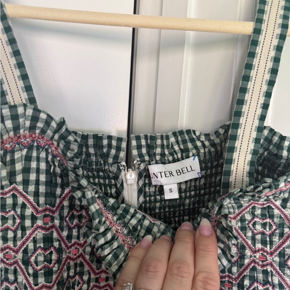 Hunter Bell Larissa Green White Gingham Midi Dress Smocked embroidered tie - Picture 5 of 8